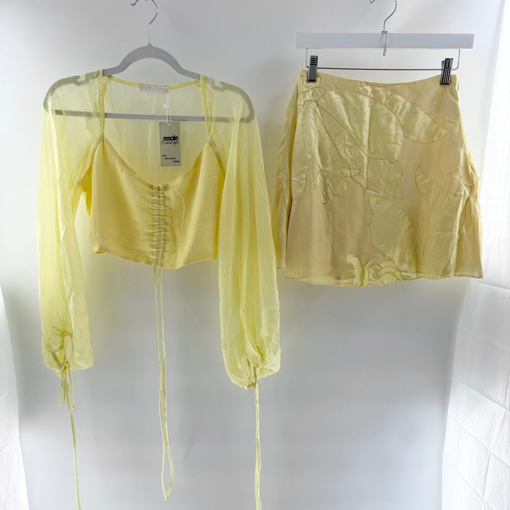 Geraldine Garcia Semi-Sheer Satin Ruched Blouse & Mini Skirt Set Yellow Small